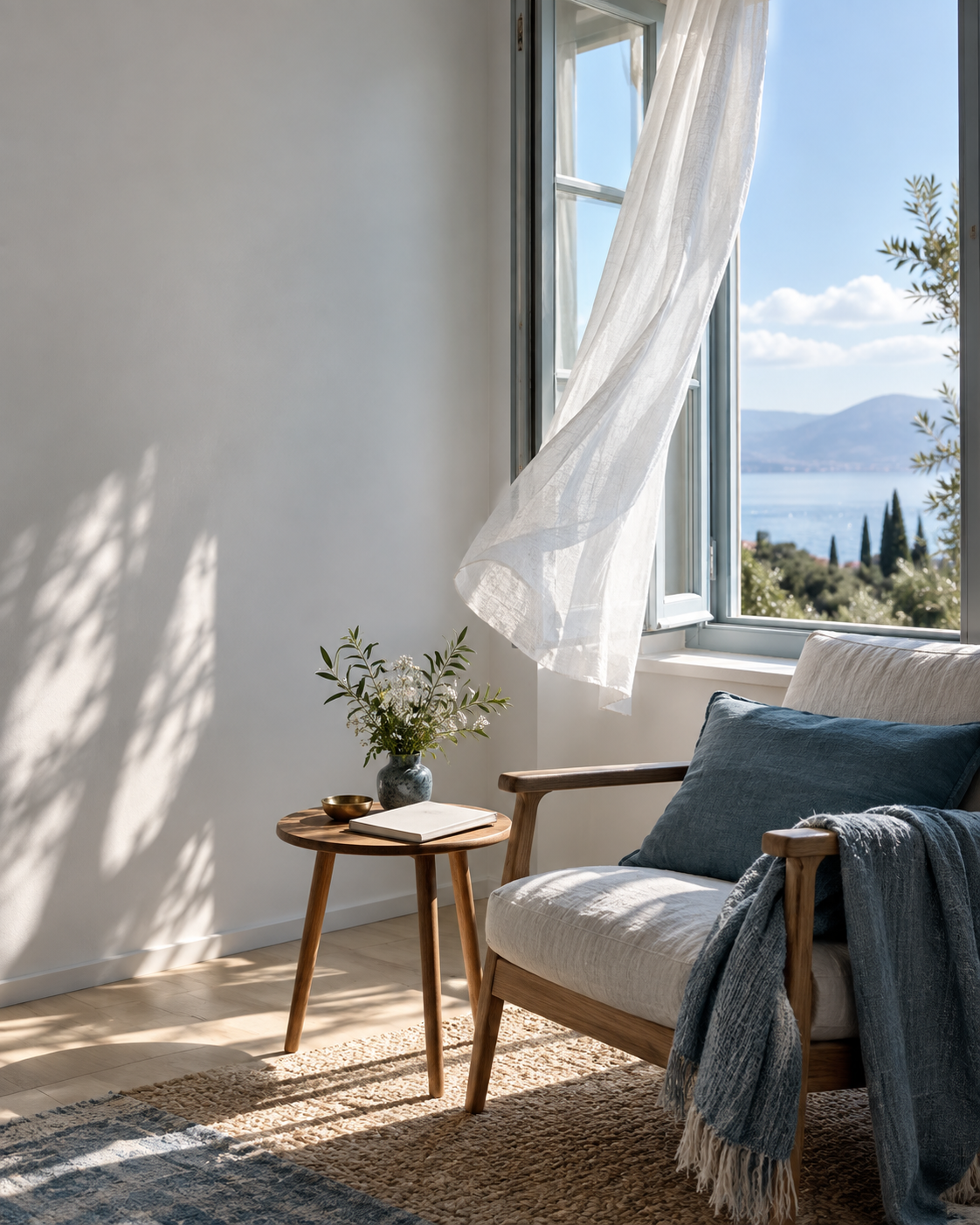 Ein heller Raum mit geöffnetem Fenster und einem Vorhang im Wind