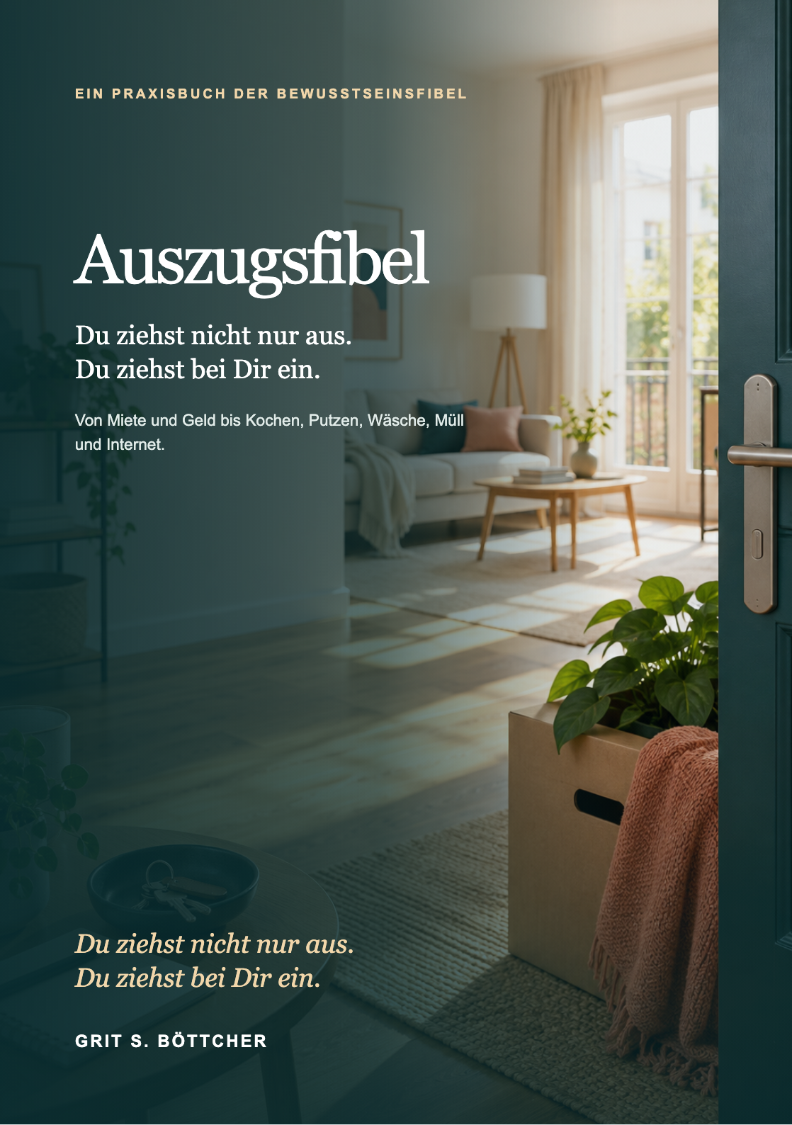 Cover der Auszugsfibel: Blick durch eine geöffnete Tür in eine erste eigene Wohnung